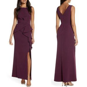NEW Eliza J Draped Bow Front Detail Cascade Ruffle Gown in Wine Sz. 14